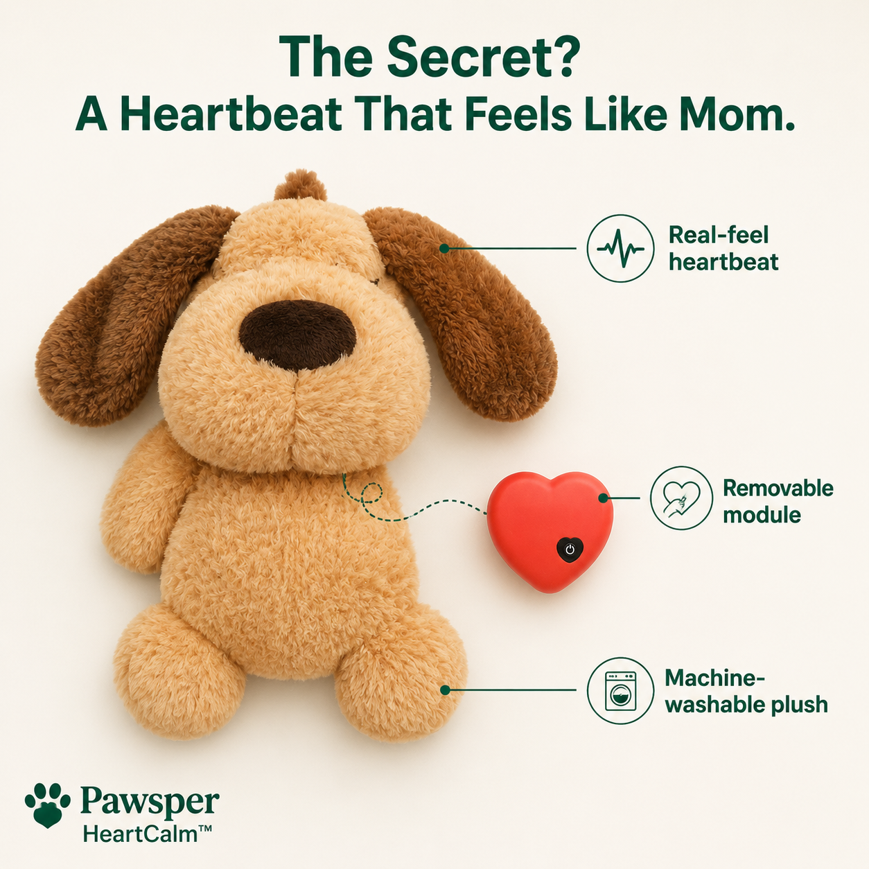 Removable heartbeat module, machine-washable plush